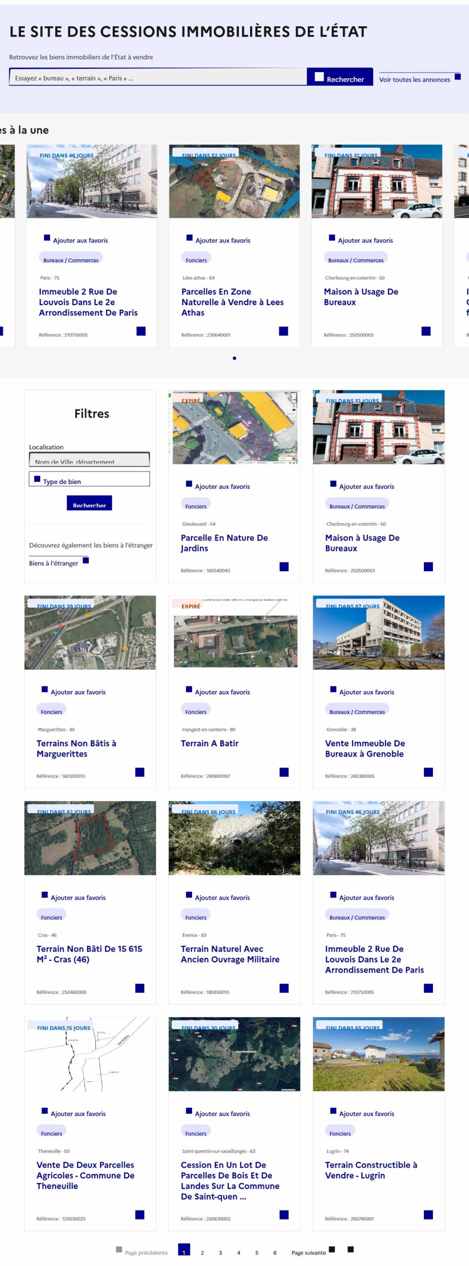 Page d'accueil du site des cessions immobilières de l'État
