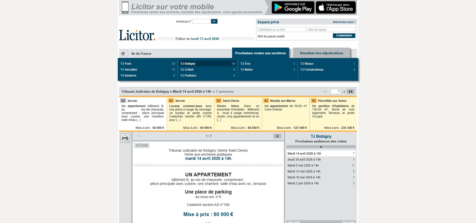 Page de recherche Licitor montrant les ventes aux enchères par tribunal judiciaire en Île-de-France